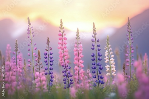Lush wildflowers bloom in vibrant colors under the warm glow of the setting sun