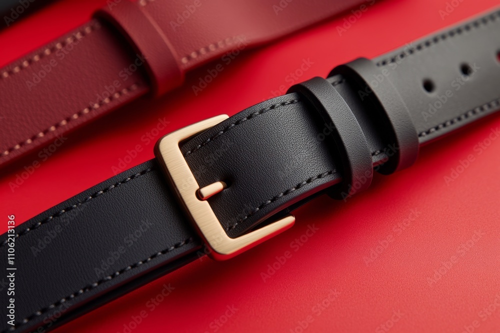 Stylish black leather belt against a bold red background showcasing modern fashion accessories Stylish black leather belt against a bold red background showcasing modern fashion accessories