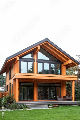 Modern wood house, large windows, deck, lawn.