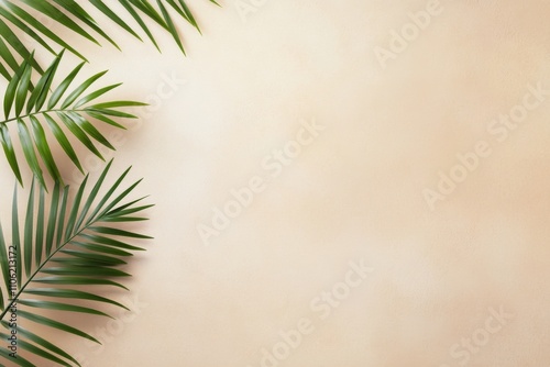 Elegant interior corner with palm leaves and textured wall showcasing natural...
