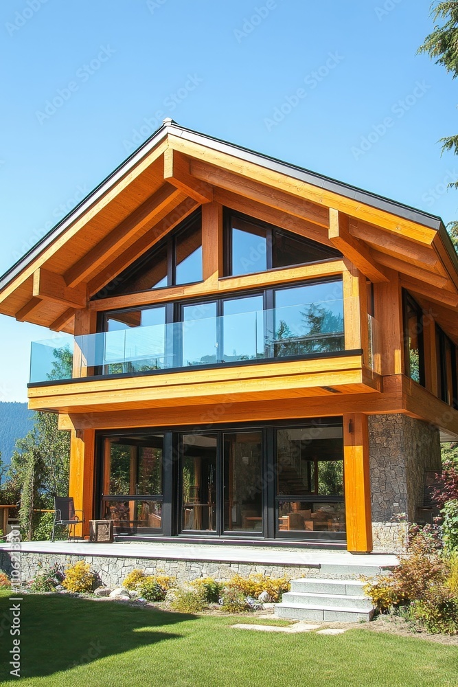 Modern wood house, large windows, stone base, green lawn. Modern wood house, large windows, stone base, green lawn.