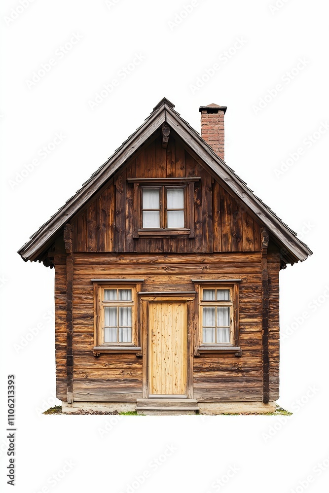 Rustic wooden house, small windows, brick chimney. Rustic wooden house, small windows, brick chimney.