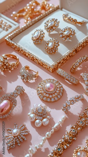 Beautiful assortment of gold and pearl jewelry on a pink background in elegan...