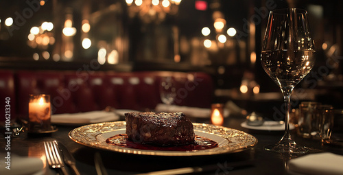 A photograph of The Steak on a plate on a dining table in a fancy restaurant