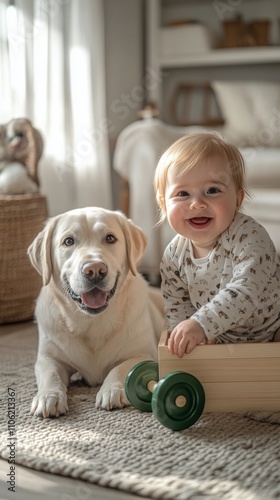 Sweet interaction between a baby and a friendly dog in a cozy living room set...