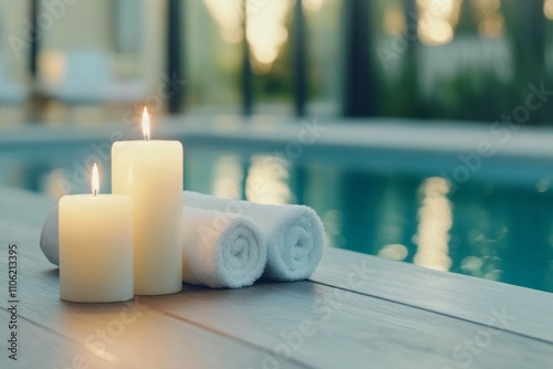 Relaxing spa setting with candles and towels on a tranquil surface in soft light