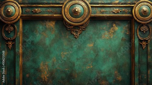 Detailed vintage wall with ornate golden accents and rich teal background in an elegant setting. Generative AI