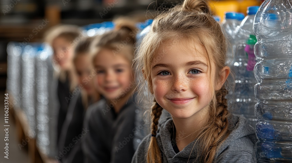 Young girl smiling in a warehouse full of water bottles Young girl smiling in a warehouse full of water bottles