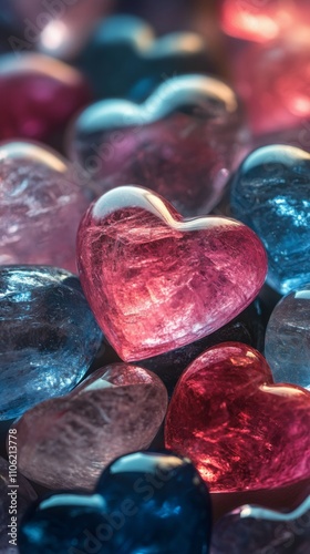 Colorful heart shaped gems scattered in blue and pink shades on a dark surface