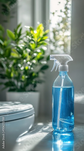 Sunlight reflecting off a blue cleaning spray bottle on a kitchen counter nea...