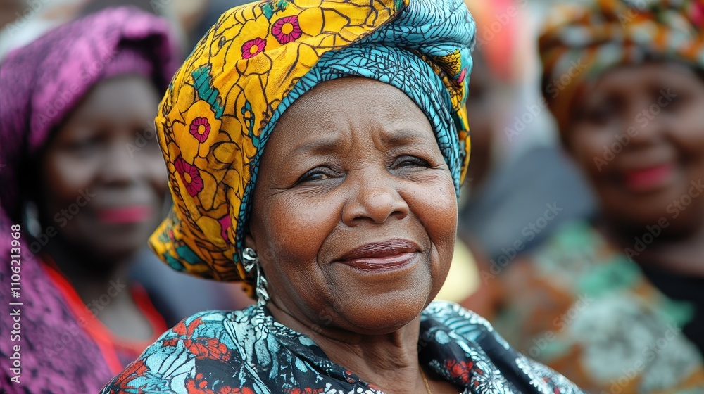 Fototapeta premium Joyful women wearing colorful headwraps smiling together in a vibrant setting