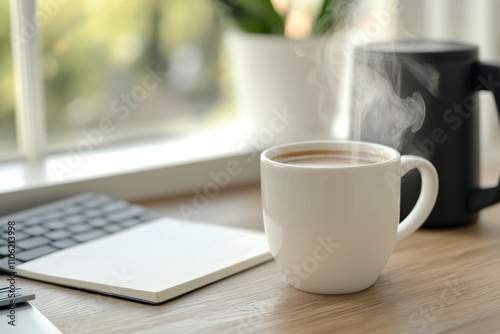 Cozy workspace with coffee cup and laptop beside a bright window
