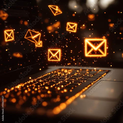 Laptop Screen Overflowing with Sparkling Email Symbols. A modern laptop glows with an abundance of orange/gold email symbols that seem to be bursting from the screen.