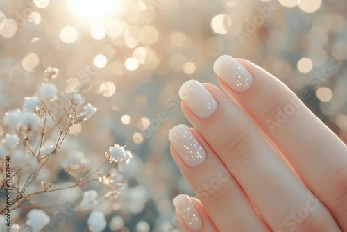 Elegant hand with manicured nails surrounded by soft flowers and shimmering l...