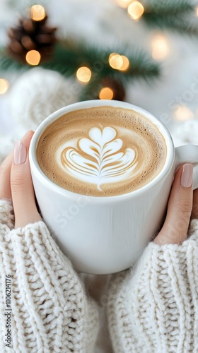 Warm drink with heart latte art held in cozy hands in a softly lit background...