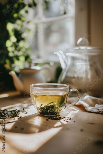 Warm herbal tea in a clear glass cup next to a teapot and a small cup in a co...
