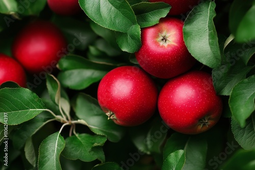 Bright red apples hanging on a tree branch in a lush orchard during late summer