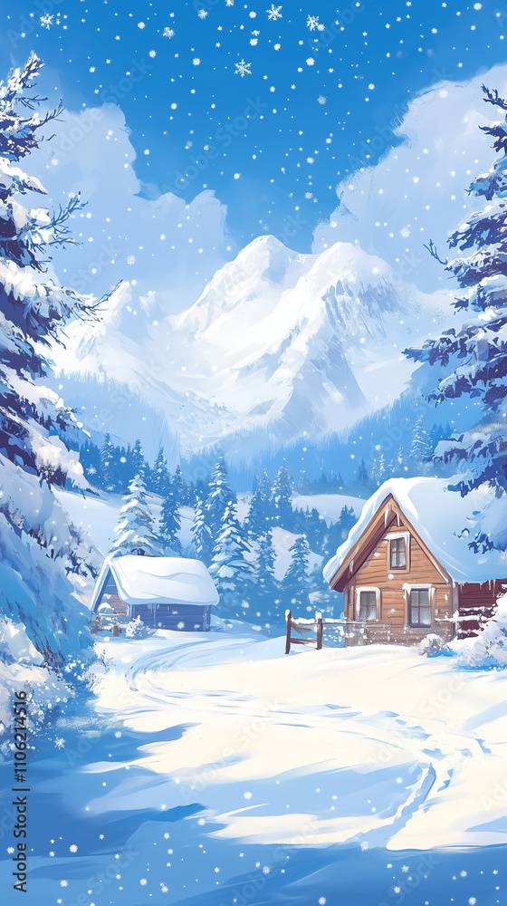 Fototapeta premium Illustration depicts an outdoor scene of snow-covered mountains, pine trees, and wooden houses in winter. 