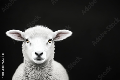 Cute lamb portrait showcasing white wool and curious expression in a studio s...