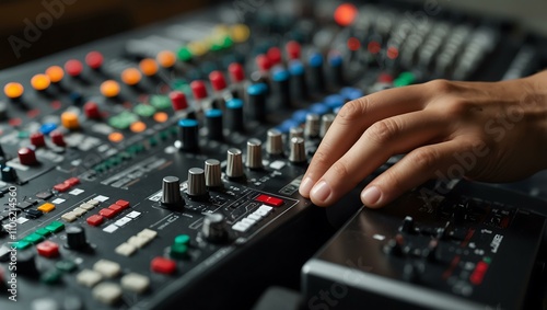 Hand adjusting controls on a mixing console.