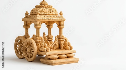 Hindu gods concept. A beautifully crafted wooden chariot with intricate carvings, featuring ornate pillars and wheels, showcasing traditional artistry and craftsmanship.