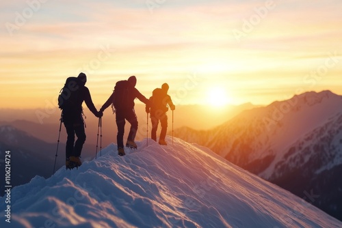 Friends celebrate a stunning sunset while hiking on a mountain peak in the ea...