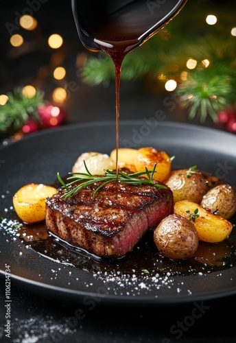 Delicious grilled steak with sauce and roasted potatoes on a festive table