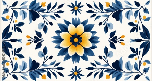 Floral pattern design featuring dark blue and yellow flowers with leaves on a...