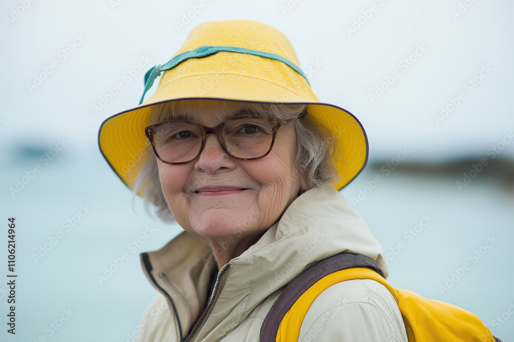 An Old, Funny, And Happy Woman In A Yellow Wax Jacket And Rainhat Standing Cheerfully In Front Of The Sea In Brittany, France An Old, Funny, And Happy Woman In A Yellow Wax Jacket And Rainhat Standing Cheerfully In Front Of The Sea In Brittany, France