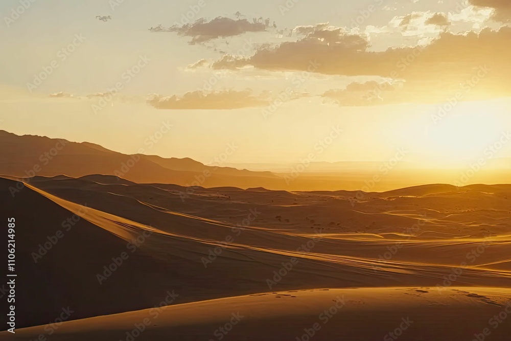 Golden desert sunset, undulating dunes, distant mountains. Golden desert sunset, undulating dunes, distant mountains.