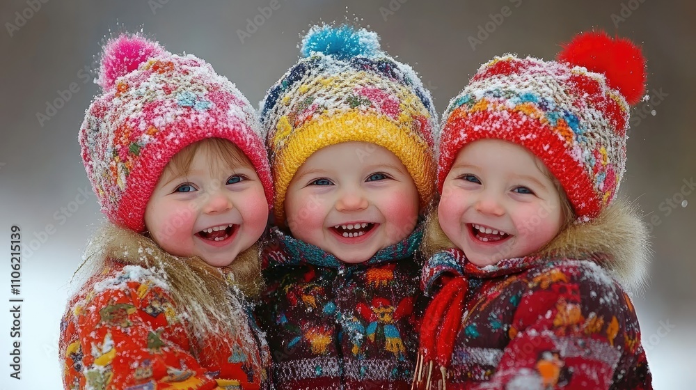 Joyful children playing in the snow wearing colorful winter hats Joyful children playing in the snow wearing colorful winter hats