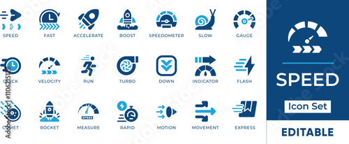 Speed Icon Set. Features editable icons for speed symbols, velocity, fast, slow, acceleration, and more. Perfect for transportation, technology, and sports designs.