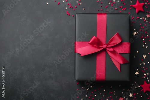 Gift box with red ribbon and decorations on a festive background suitable for...