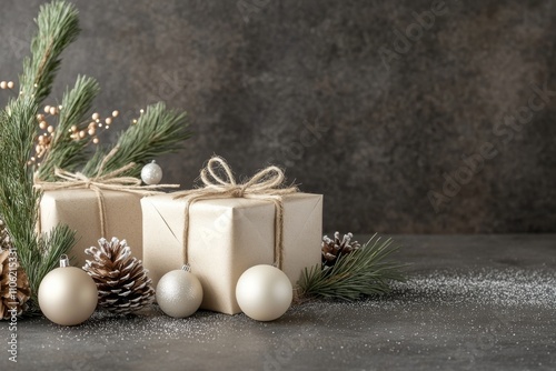 Holiday gifts arranged with pine branches and ornaments on a dark background