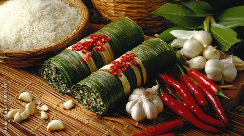Traditional culinary ingredients arranged on a woven mat in a rustic kitchen ...