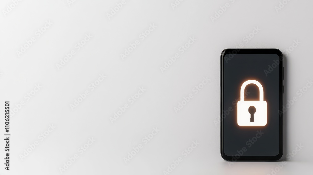 Smartphone with a glowing padlock icon on a modern display, symbolizing digital security, privacy protection, and data encryption against cyber threats and unauthorized access Smartphone with a glowing padlock icon on a modern display, symbolizing digital security, privacy protection, and data encryption against cyber threats and unauthorized access