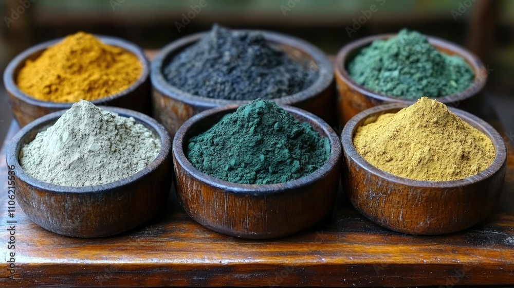 Vibrant colored powders arranged in wooden bowls on a wooden surface Vibrant colored powders arranged in wooden bowls on a wooden surface