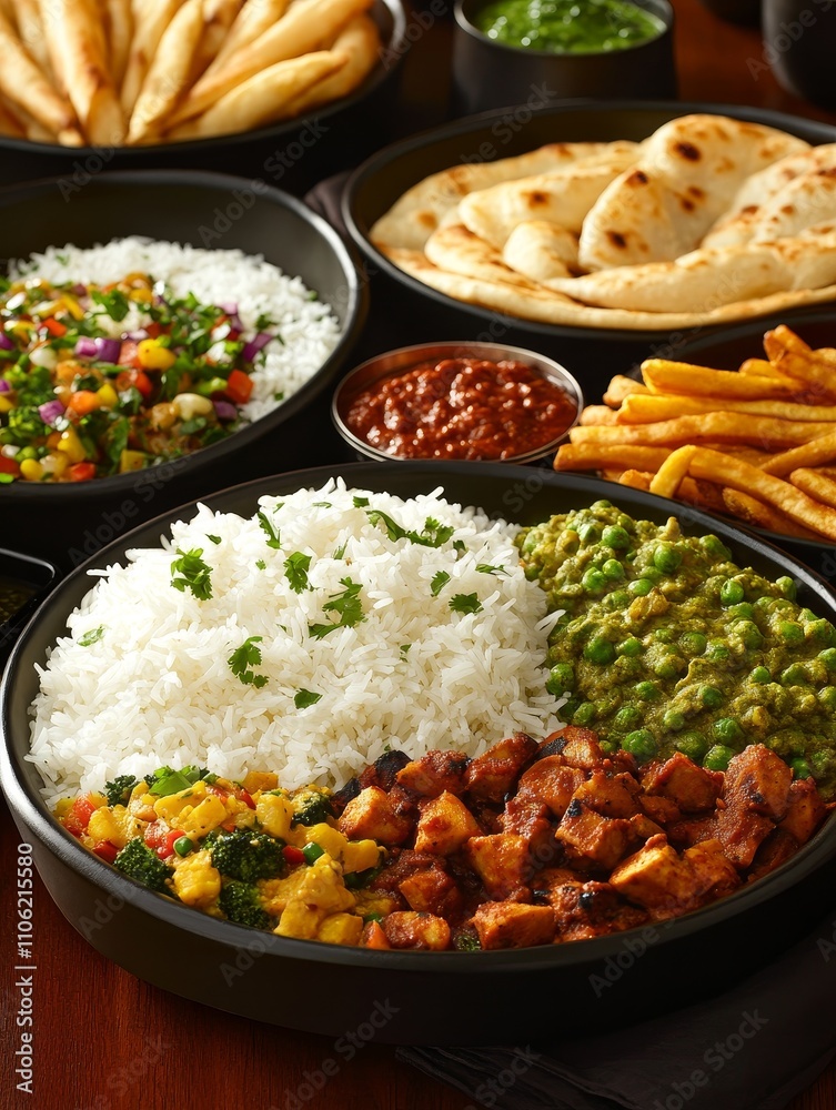 A Delicious Spread of Indian Cuisine - Indian food platter, rice, curry, naan, vegetables, delicious meal A Delicious Spread of Indian Cuisine - Indian food platter, rice, curry, naan, vegetables, delicious meal