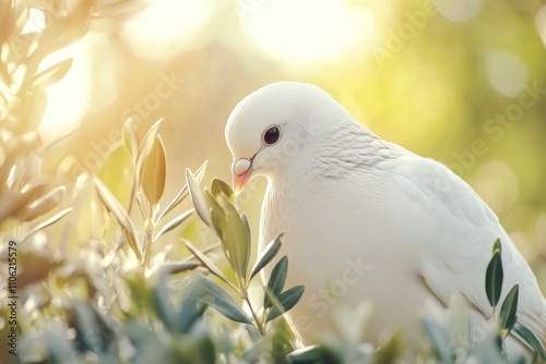 White dove perched on an olive branch during golden hour in a serene setting