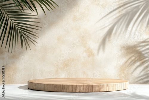 Natural wooden platform with palm leaf against soft wall backdrop in cozy set...