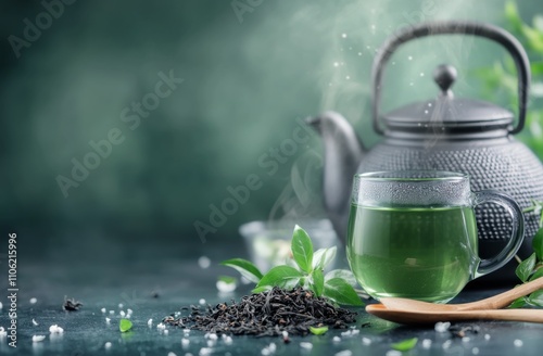 Hot green tea steaming in a glass cup with loose tea leaves on a wooden spoon...