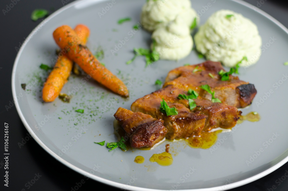 Roasted pork belly with glazed carrots and cauliflower puree in a grey plate Roasted pork belly with glazed carrots and cauliflower puree in a grey plate
