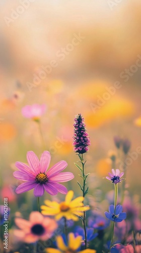Beautiful wildflowers blooming in a sunny meadow during springtime