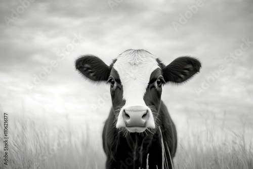 Calf grazing peacefully in a meadow under a cloudy sky during late afternoon