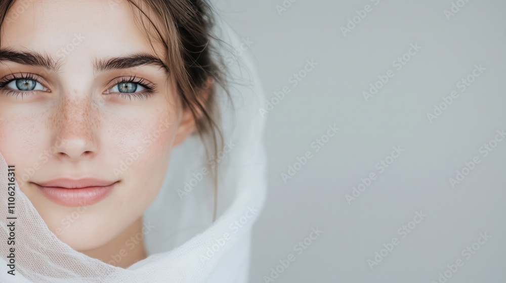 Close-up portrait of a young woman with a white veil, looking serene Close-up portrait of a young woman with a white veil, looking serene