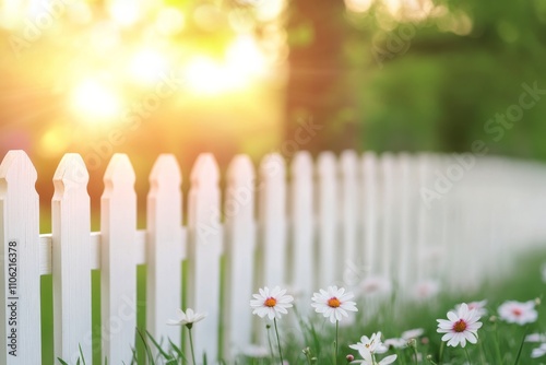 Flowers bloom beside a white picket fence in a sunny garden at dusk