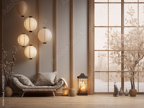 Neutral rustic minimalist Christmas interior. Japandi and wabi sabi style living room decorated for Christmas. Simple cozy Christmas interior. Winter interior with plaid accent