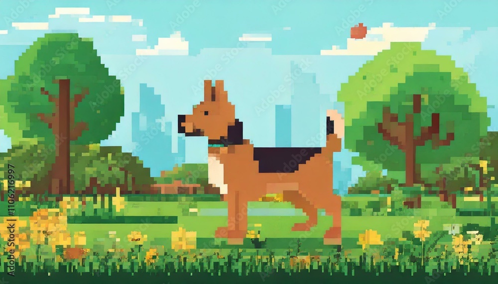 Naklejka premium pixel illustration of dog in the park 2