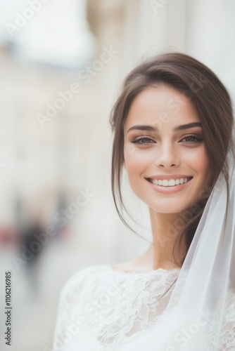 Free Download Bright portrait of a young bride with a radiant smile and natural makeup, wearing a lace wedding dress - GFXLoad