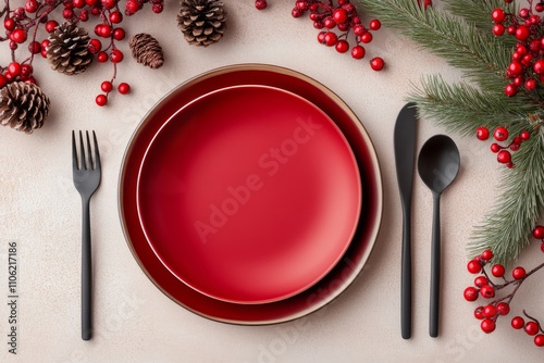 Holiday table setting with red plates and black cutlery surrounded by pine an...